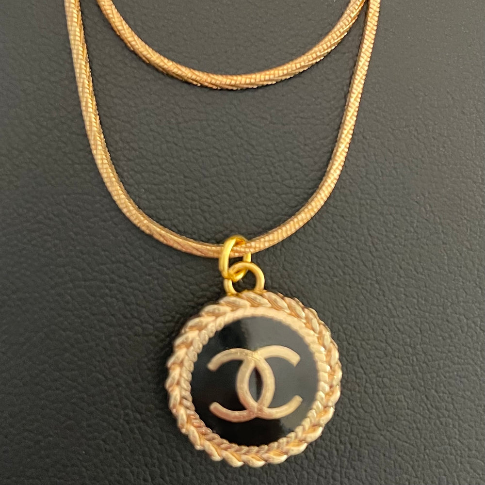 CC Black Enamel Button Necklace 18k GF