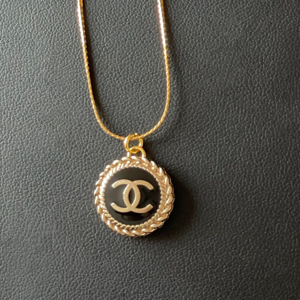CC Black Enamel Button Necklace 24k GF