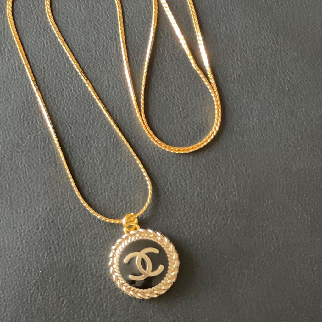 CC Black Enamel Button Necklace 24k GF – Vintage Bond LLC